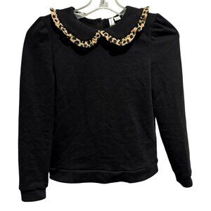 Janie and Jack Girl's Leopard Collar Black Sweatshirt 3 Button Back Sz 12 NWT